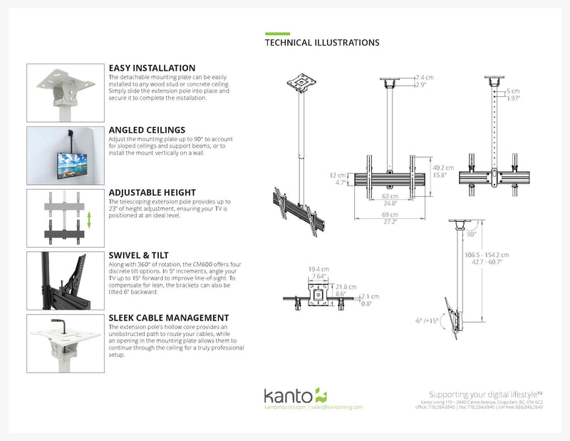 Kanto CM600 Full Motion Ceiling Mount